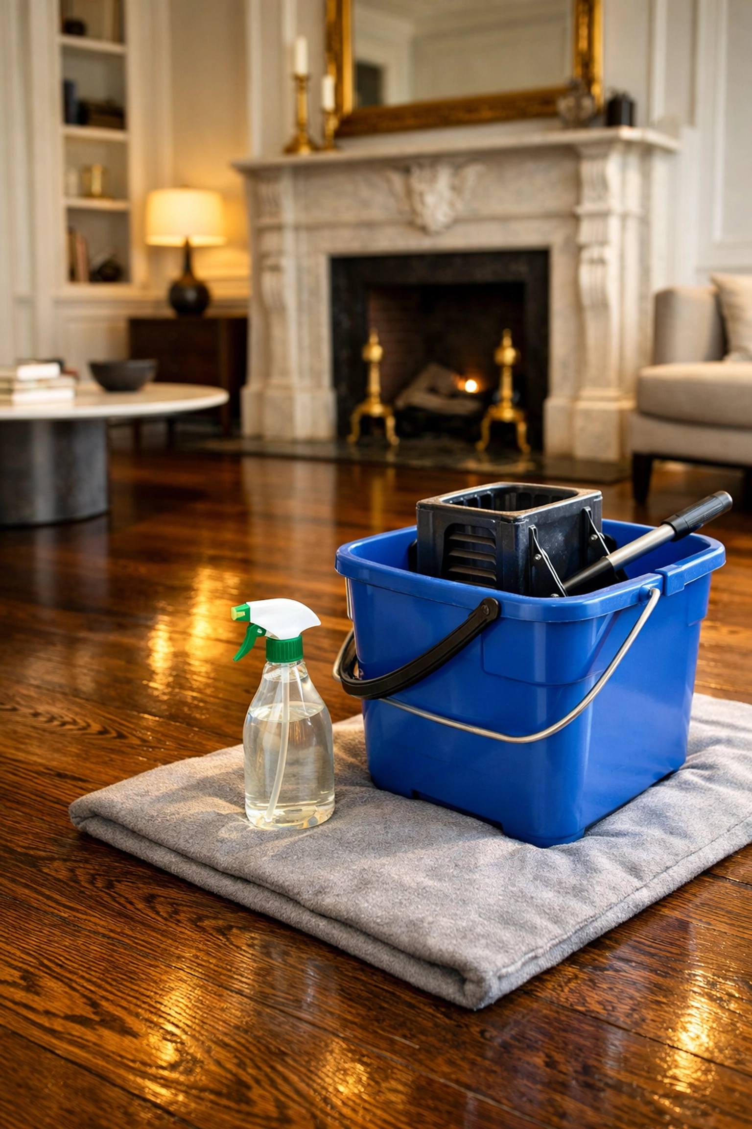 Eco-friendly cleaning supplies on historic hardwood floors for a high-end Boston apartment move-out cleaning.