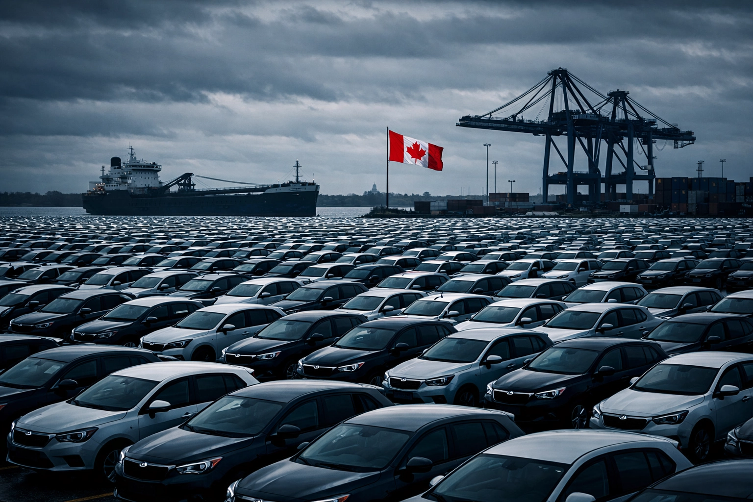 Rows of new vehicles at a Canadian shipping terminal, symbolizing the industrial impact of the auto pact.