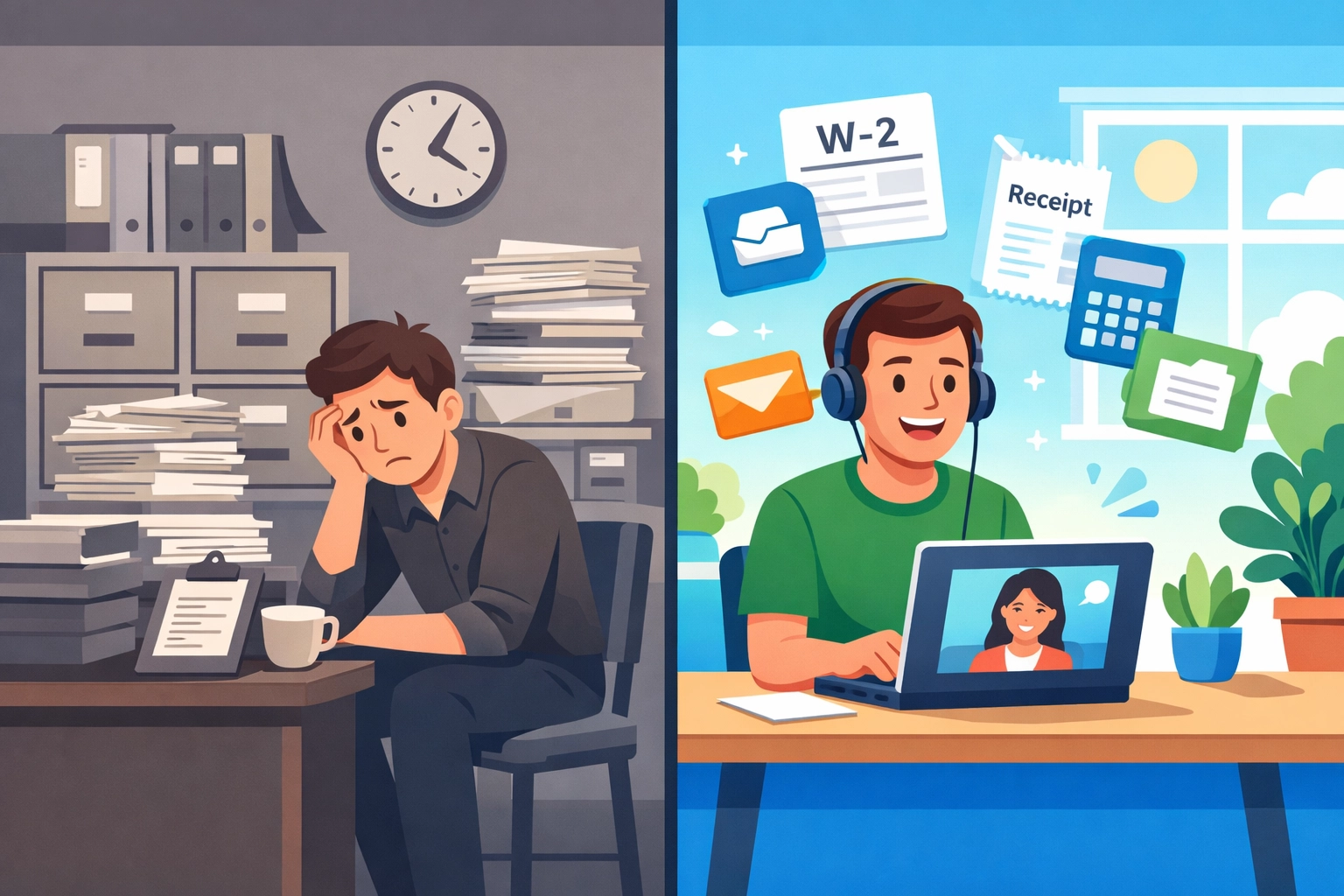 Traditional tax office versus virtual tax prep: digital documents and home workspace