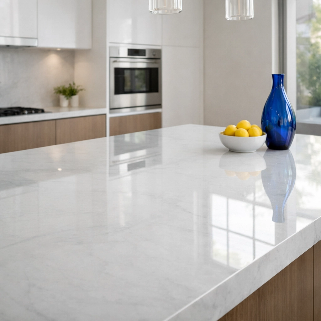 Pristine white marble kitchen island showing a streak-free shine after professional cleaning.