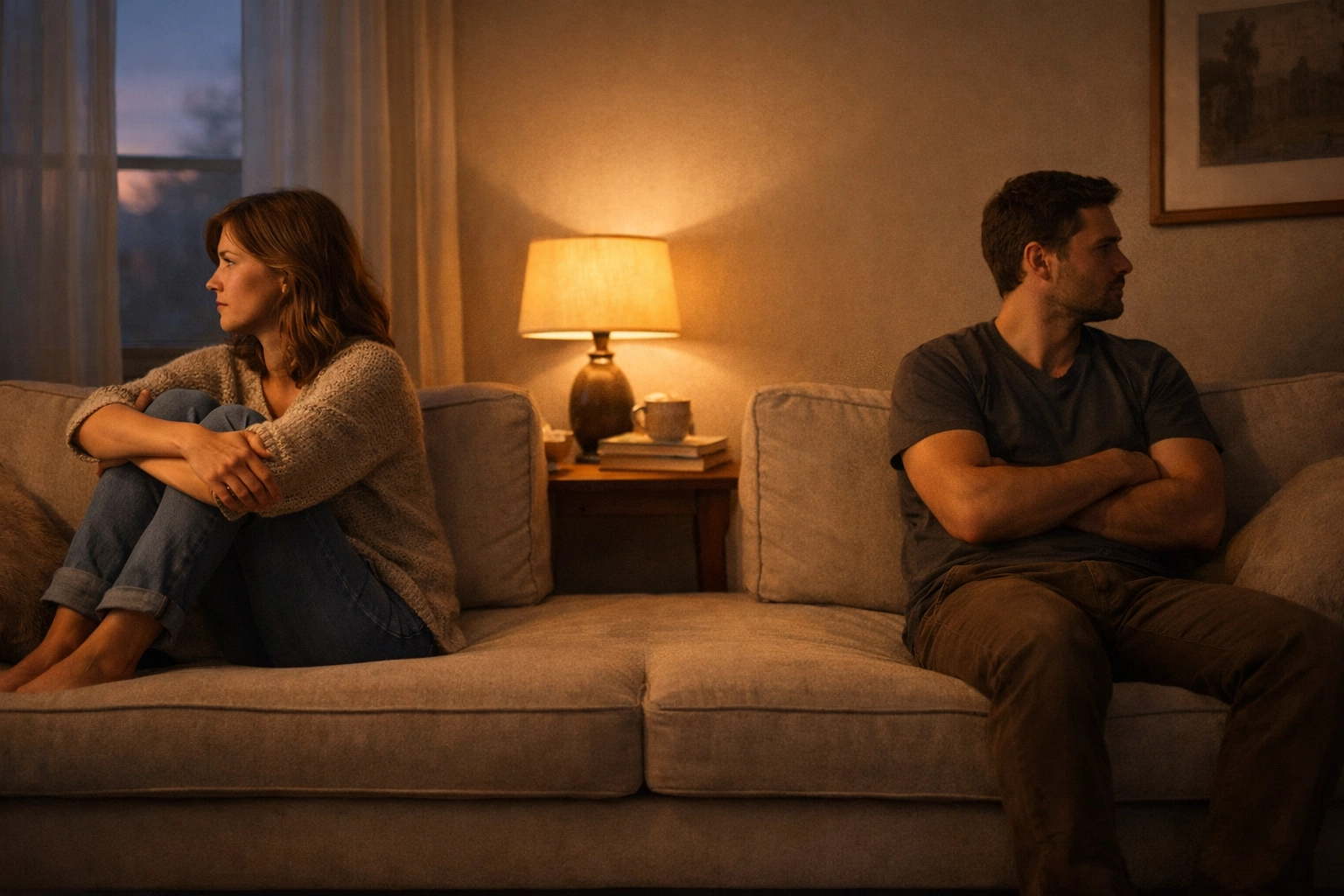 Pár ül egymástól távol a kanapén - érzelmi távolodás a kapcsolatban