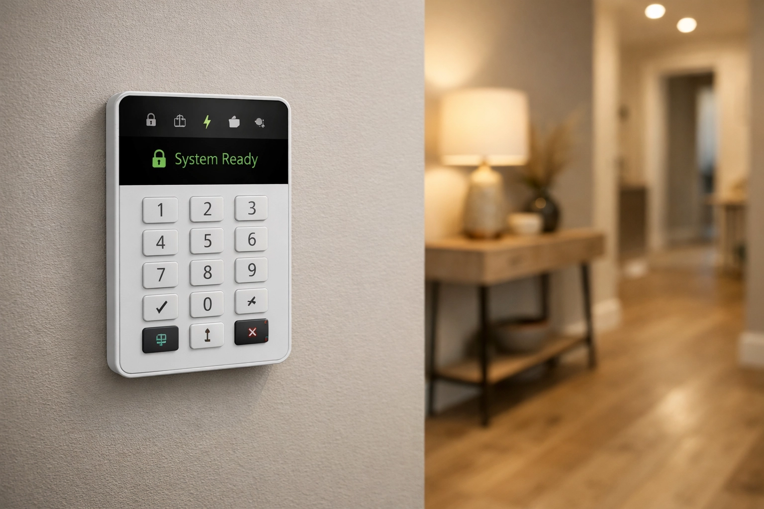 Slimline wireless alarm keypad mounted in a modern hallway for seamless home security.