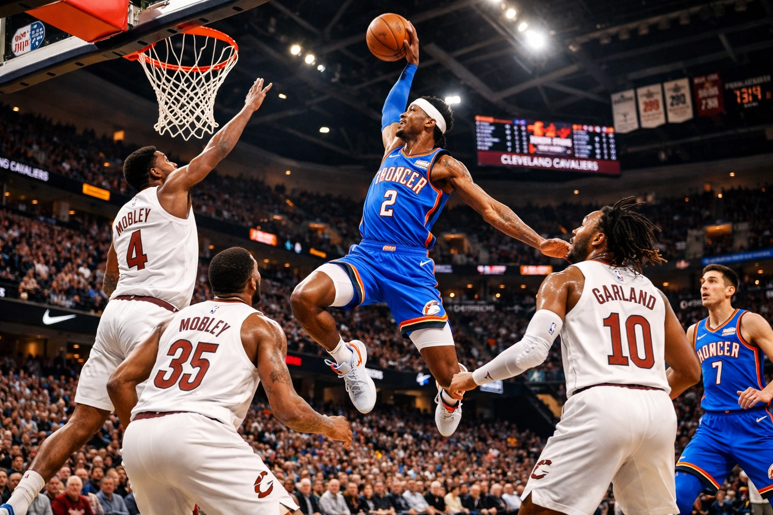 Oklahoma City Thunder vs Cleveland Cavaliers NBA game with young stars
