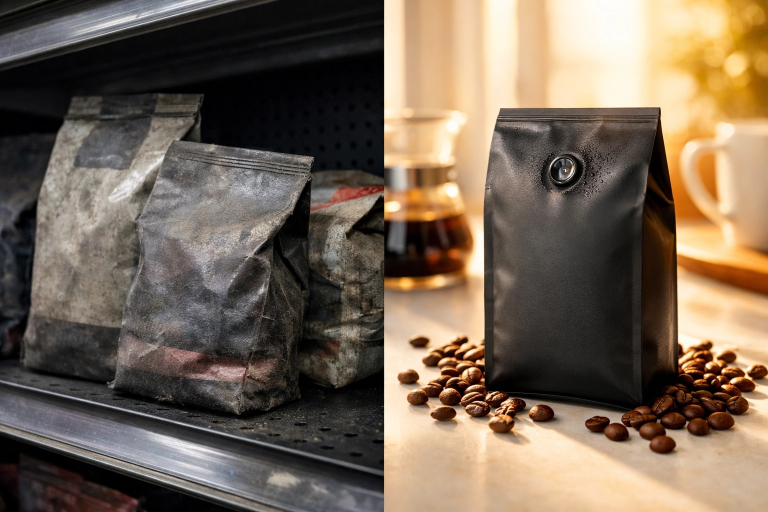 Comparison of stale grocery store coffee beans versus fresh-roasted subscription coffee