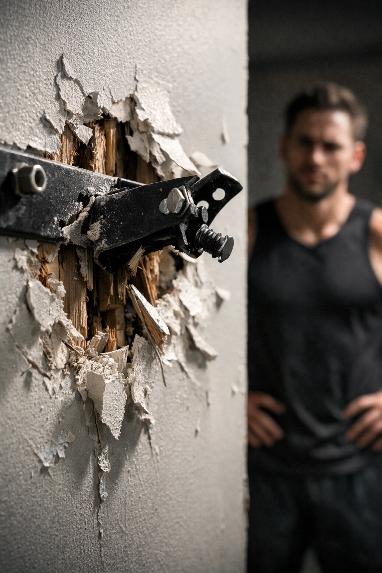 Wall damage from mounted home gym equipment highlighting the need for a pull up bar alternative.
