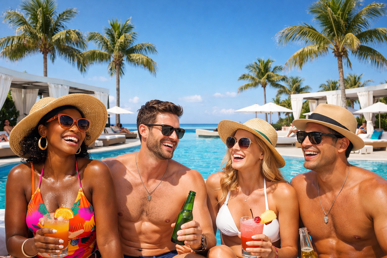 Diverse travelers relax by a tropical pool at a luxury destination found by an Adults Only travel agent.