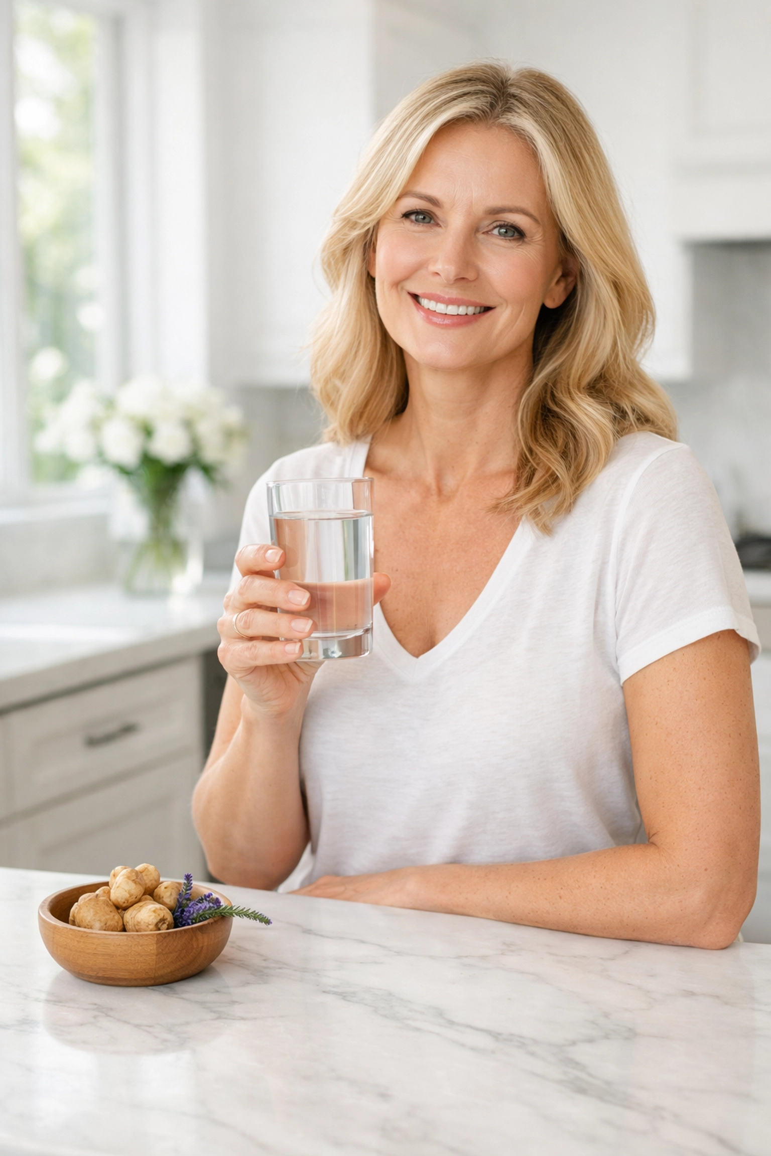 Radiant woman with maca root, illustrating natural hormone support and vitality during menopause.