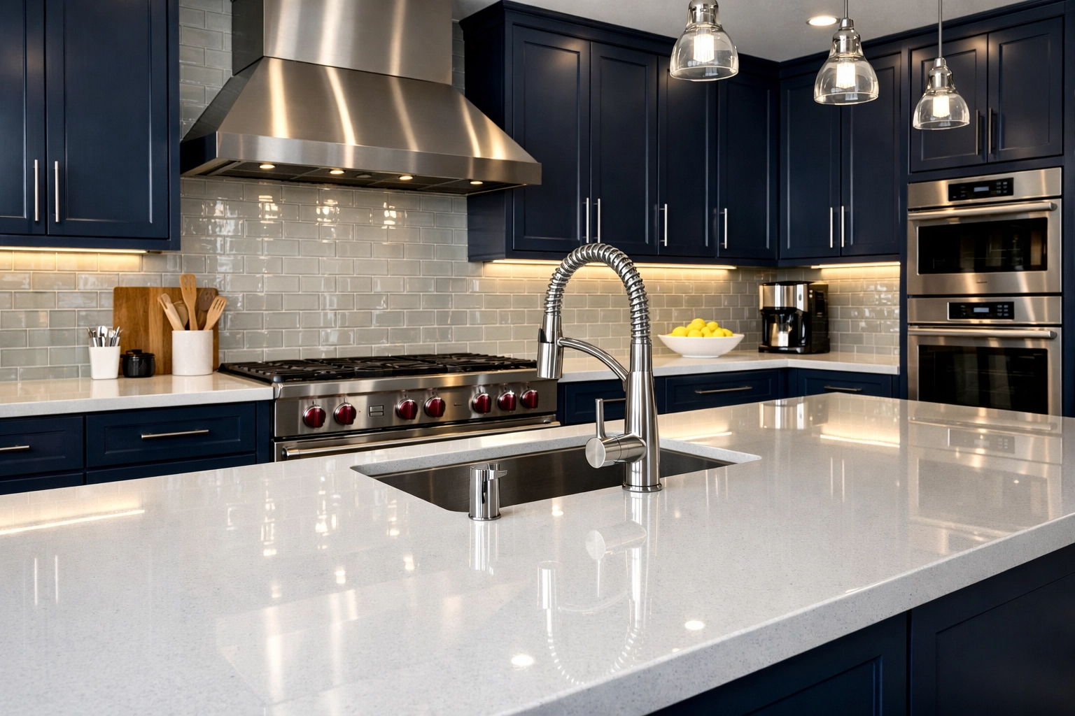 Pristine Shrewsbury kitchen with polished quartz countertops following a professional move-in house cleaning.