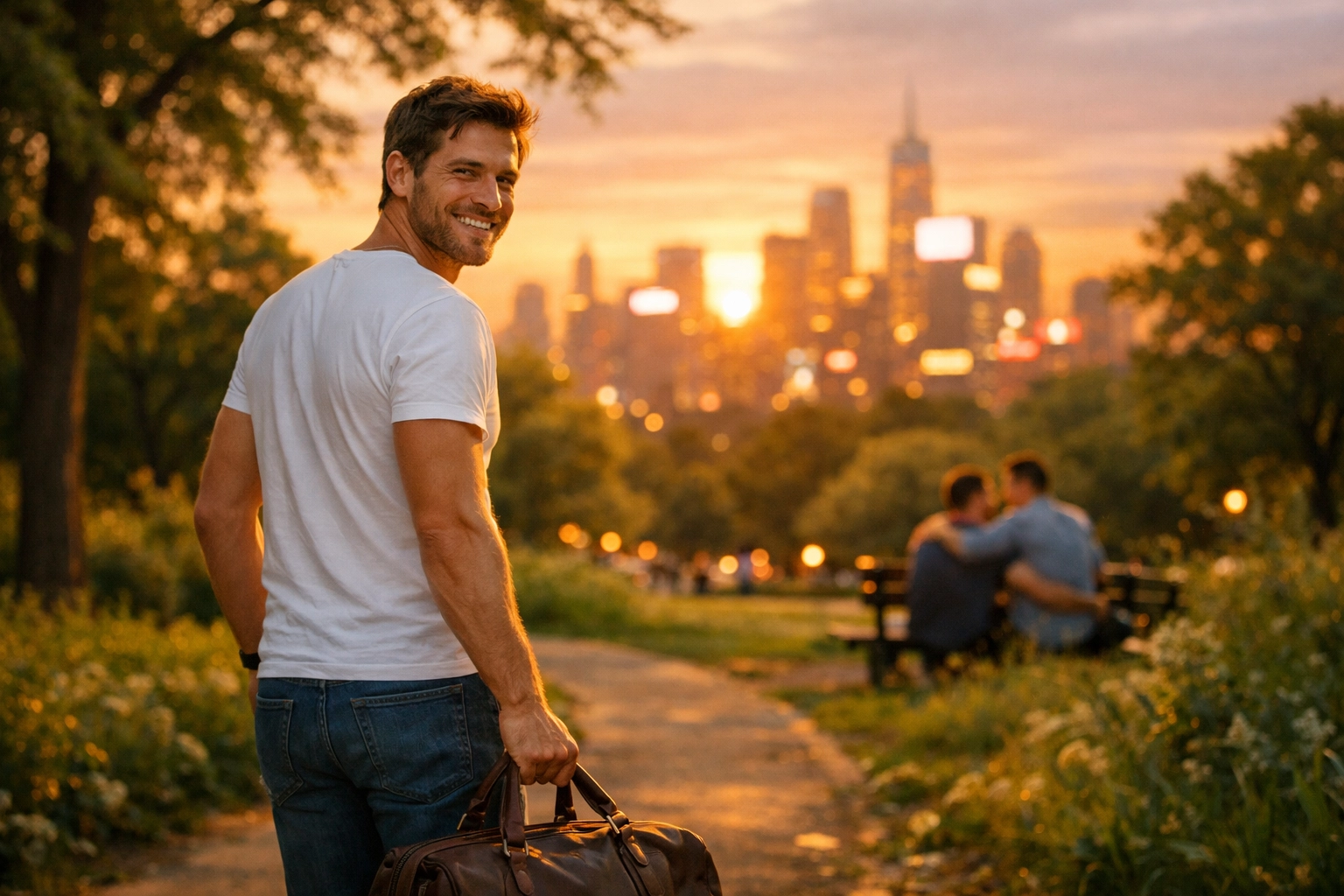 A male model walks through a park at sunset, symbolizing a happy ending in authentic gay love stories.