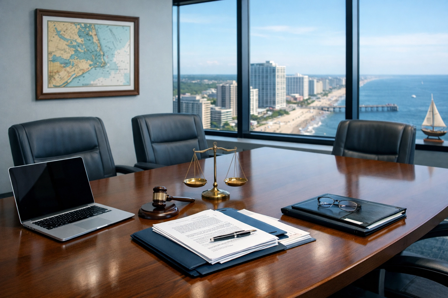 Virginia Beach divorce law office conference room with legal documents and coastal view