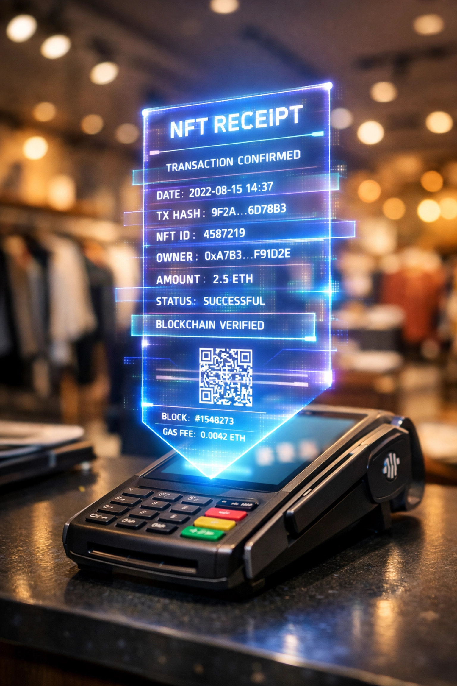Modern crypto POS terminal displaying blockchain NFT receipt for transparent merchant accounting