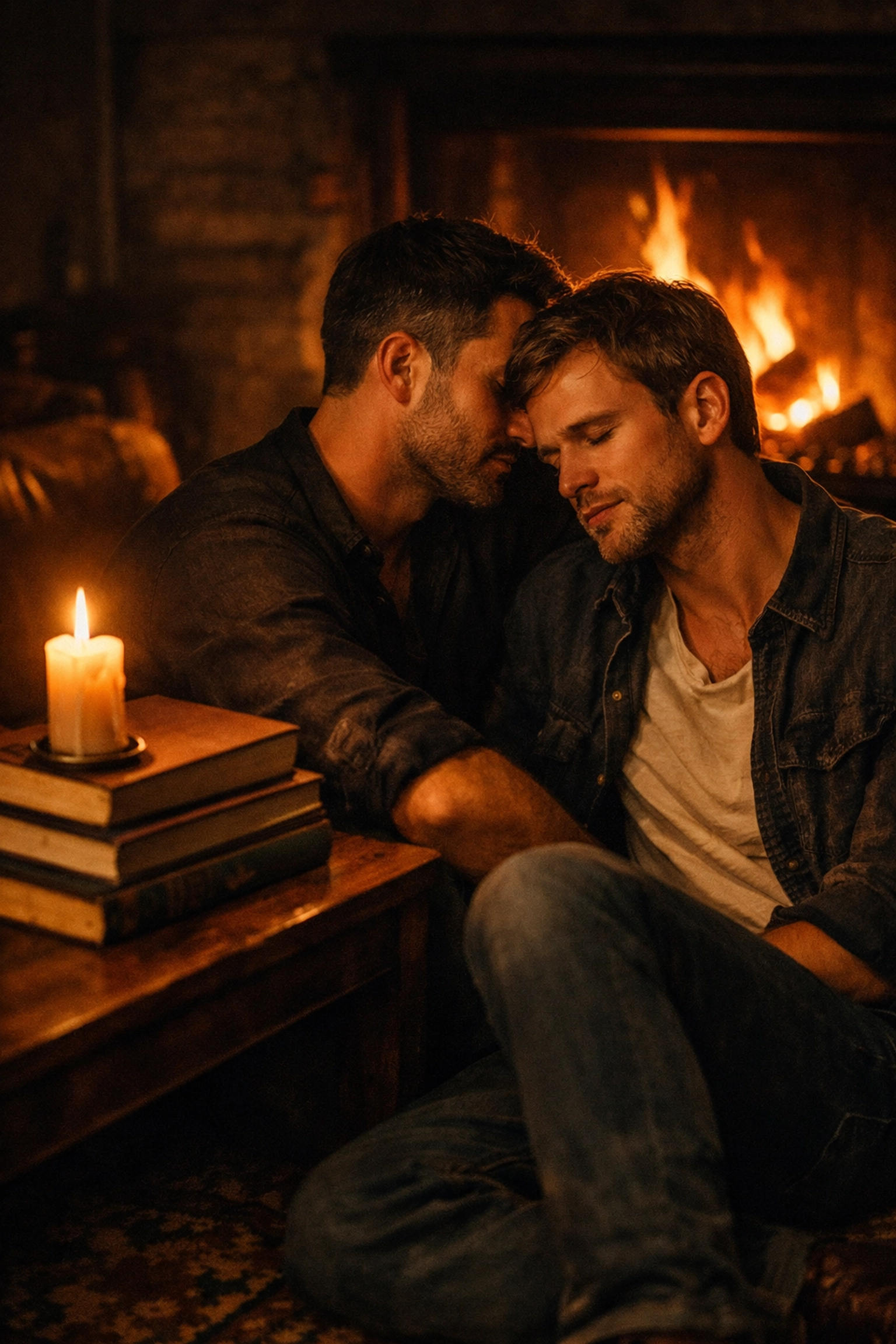 Two men sharing an intimate moment by a fireplace, reflecting the heart of gay romance novels.