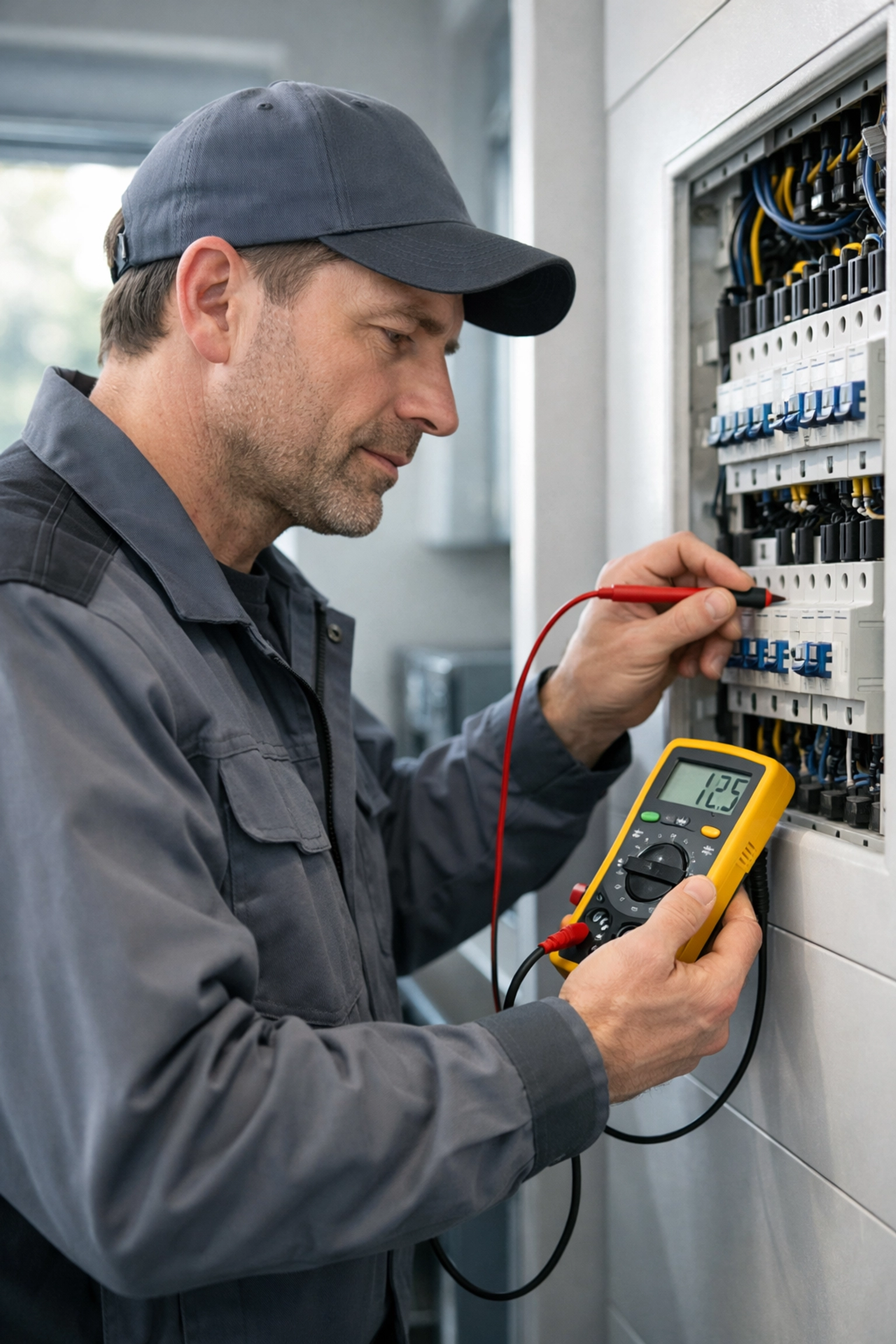 A professional electrician in Dorset performing a safety inspection and circuit testing on a residential electrical system.