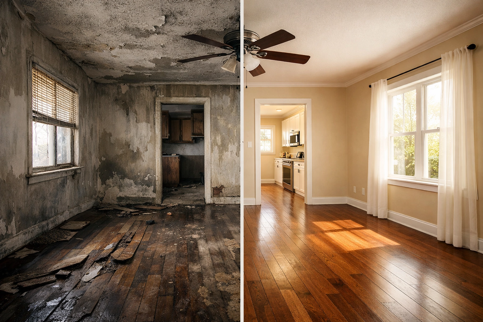 Before and after water damage repair showing complete home restoration
