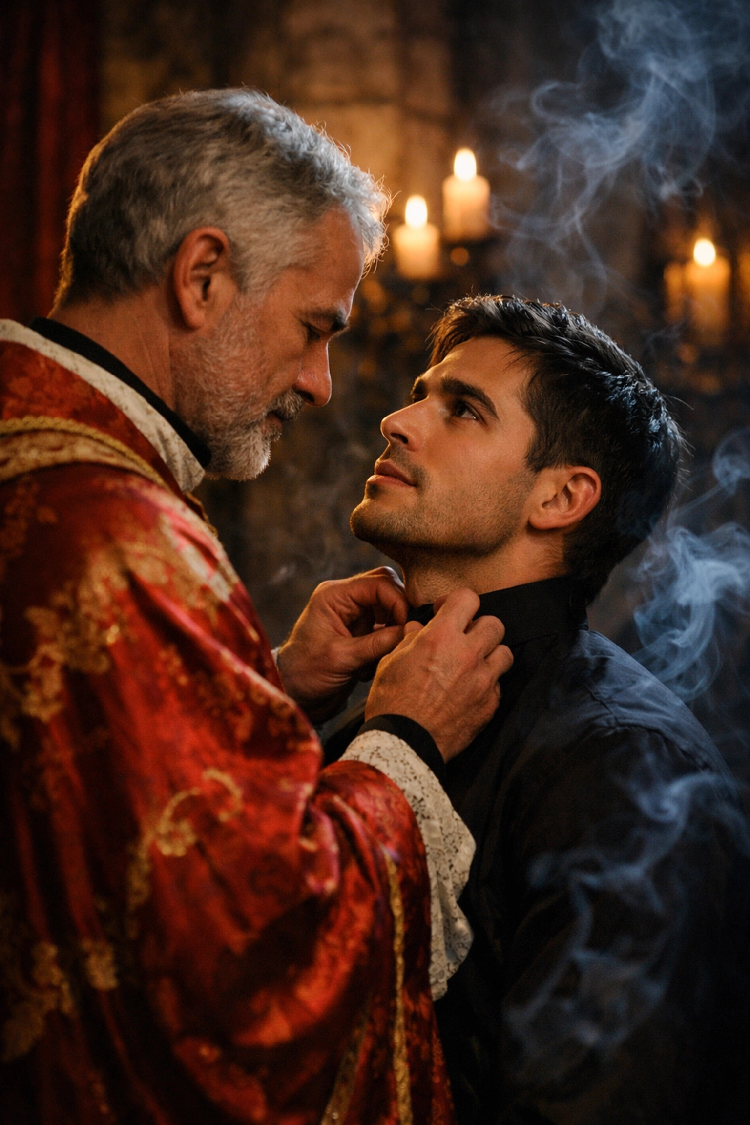 Intimate gay romance scene of a mentor adjusting his protege's collar in a candle-lit chapel.