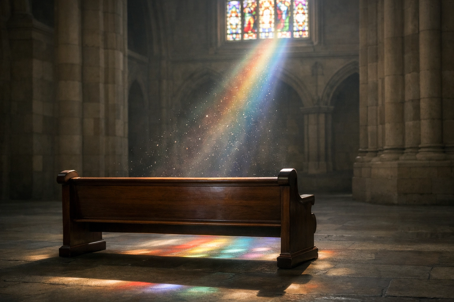 Sunlit cathedral interior with wooden pews, symbolizing a return to liturgical faith traditions.