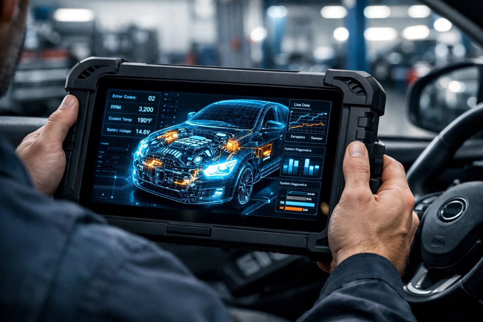 Advanced automotive diagnostic scanner tool pinpointing electronic issues at a Houston auto repair shop.