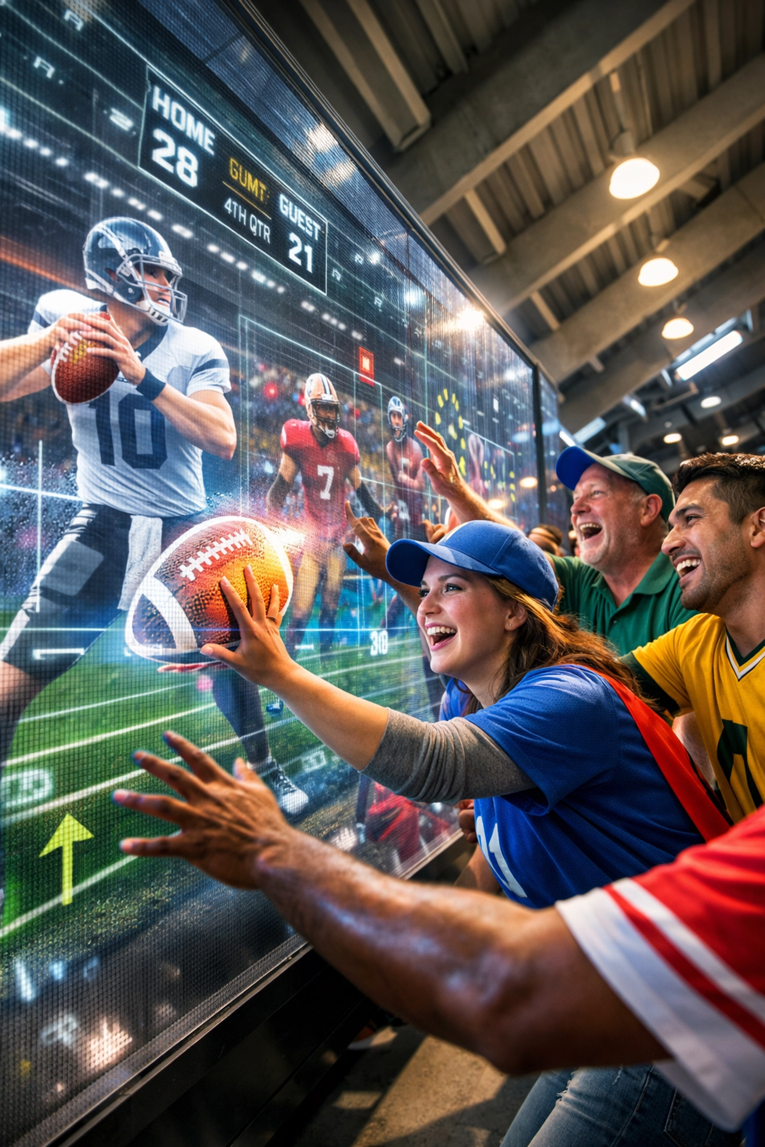 Football fans interacting with augmented reality gaming wall at Super Bowl 2026 event