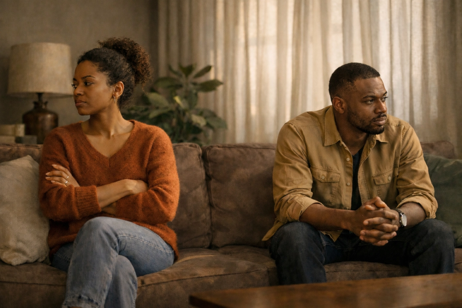 Black couple sitting apart on couch showing relationship tension over gender role expectations