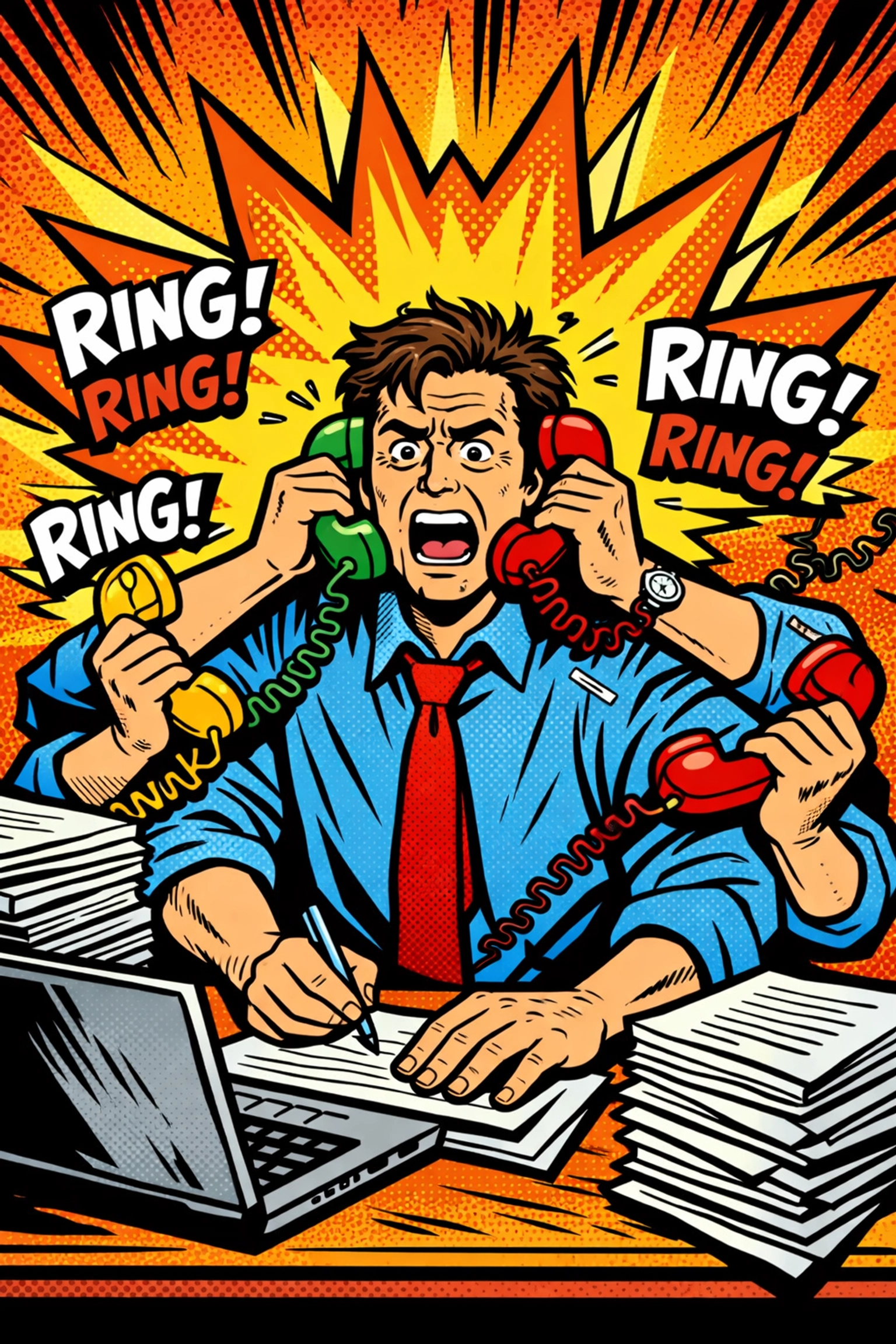 Overwhelmed business owner juggling manual tasks, illustrating the need for workflow automation.