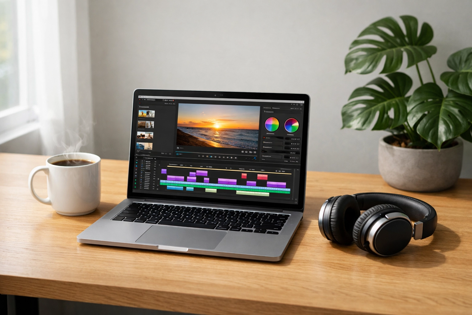 Laptop editing video on a modern desk, illustrating small marketing automation tools for small business owners.