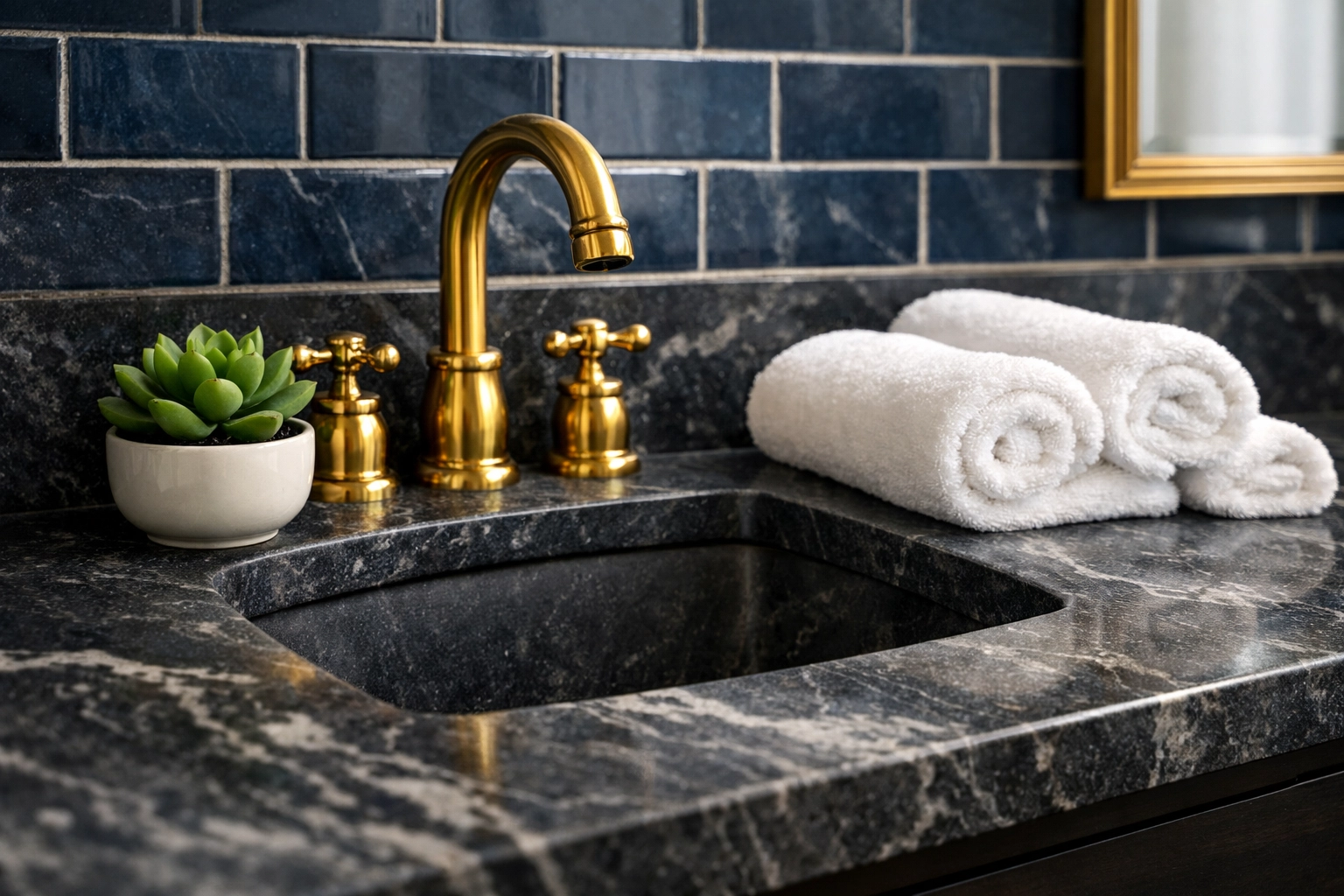 Eco-friendly cleaning protects this luxury bathroom soapstone vanity and brass fixtures.