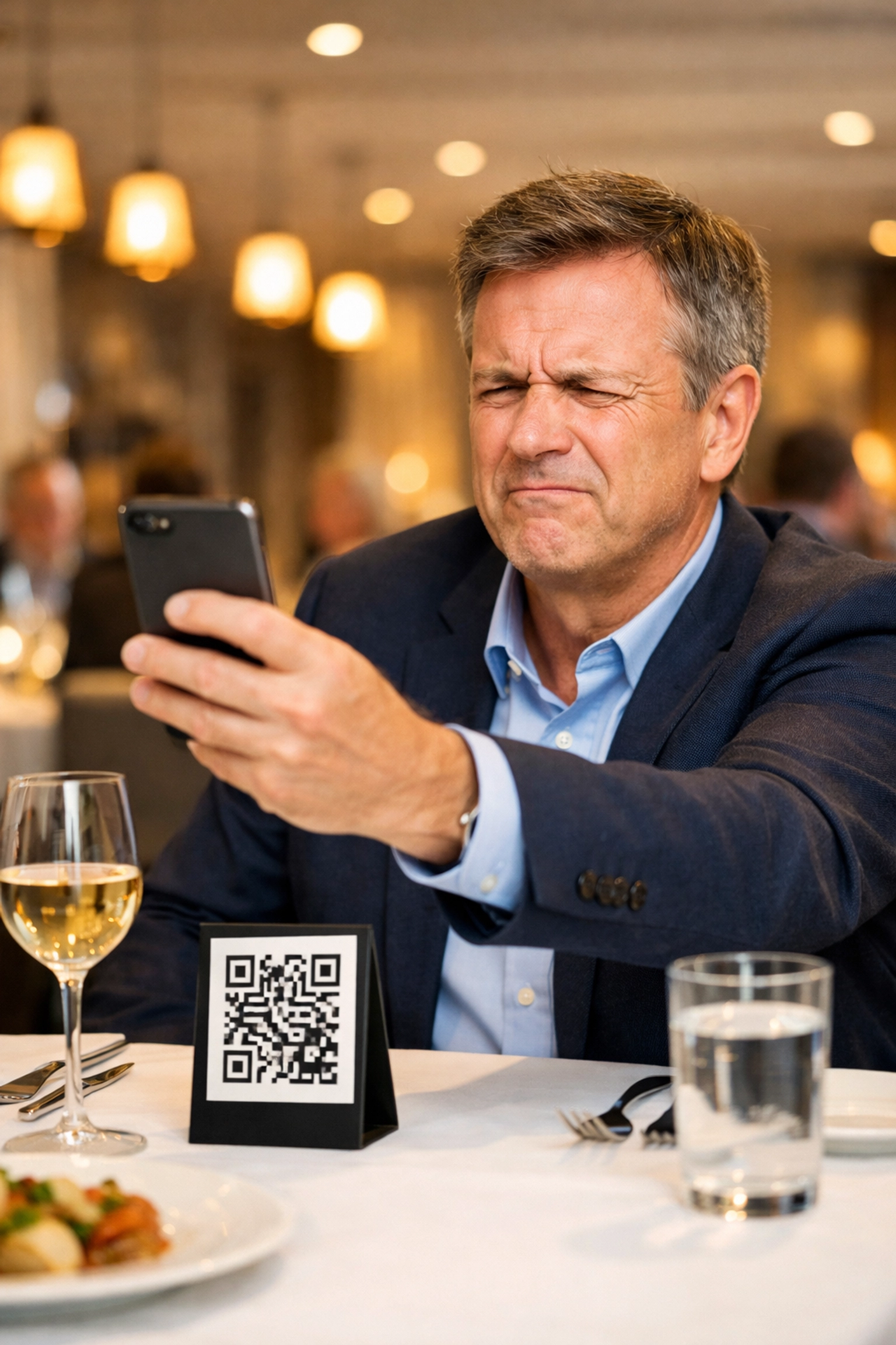 Restaurant diner struggling to read QR code menu on smartphone at upscale dining table