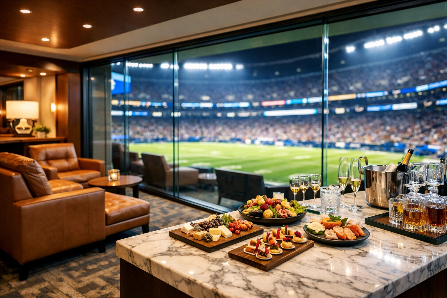 Interior of a luxury stadium suite with plush seating and a panoramic view of a lit football field.