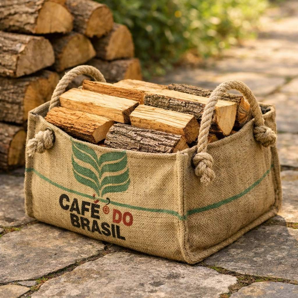 Heavy-duty firewood log carrier repurposed from a durable burlap coffee sack with rope handles.