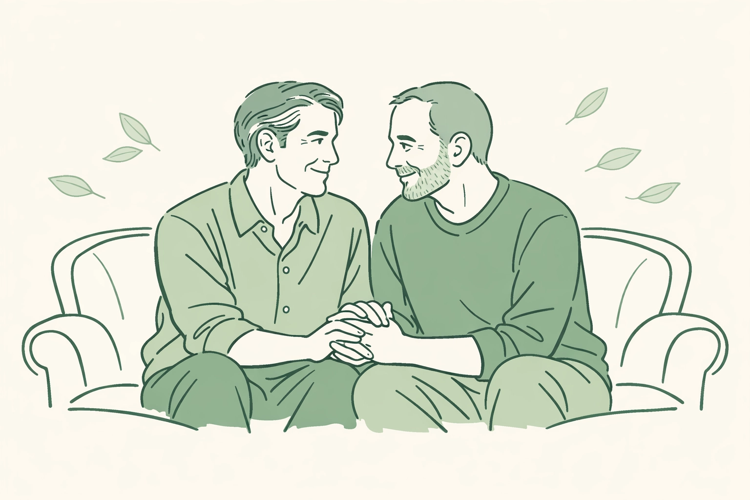 Minimalist illustration of two older gay men holding hands, showing a romantic MM connection later in life.