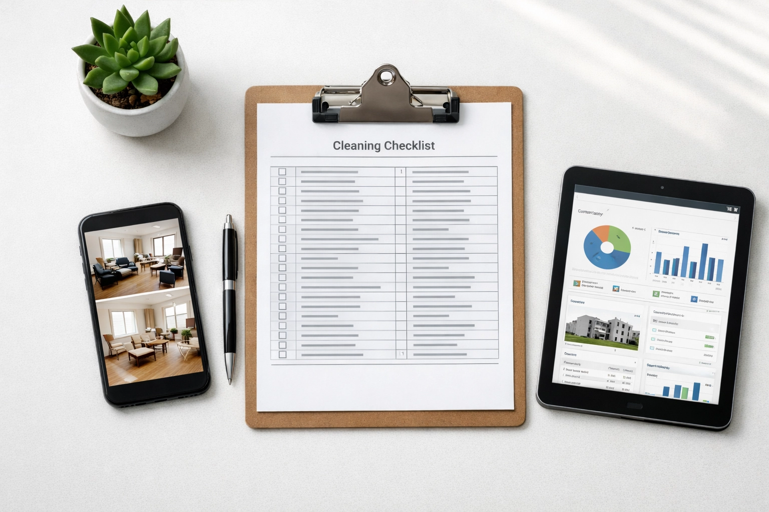 Office cleaning documentation tools including checklist and property photos for Chicago property managers
