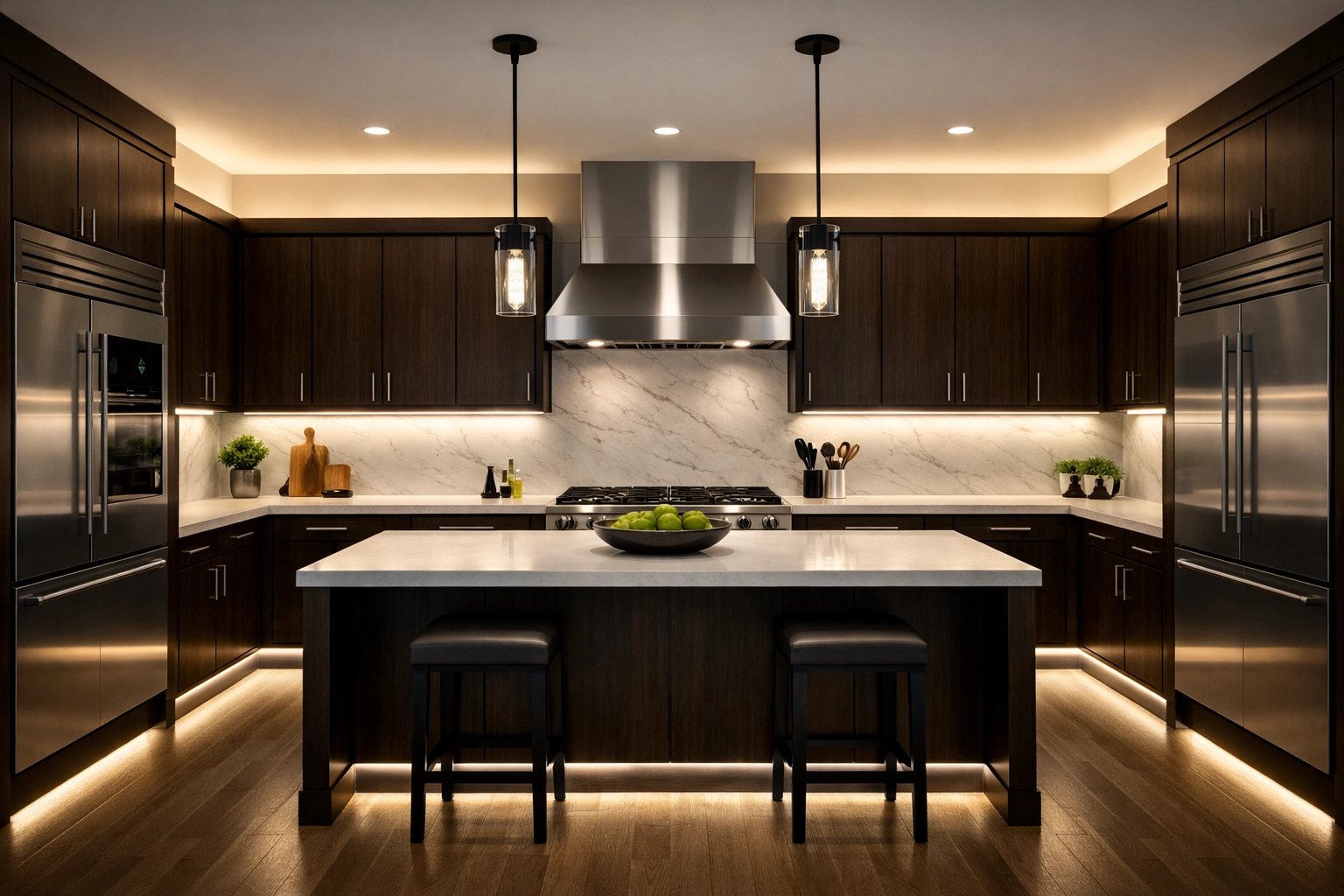 Modern kitchen showcasing layered LED lighting including task, accent, and toe-kick strips.