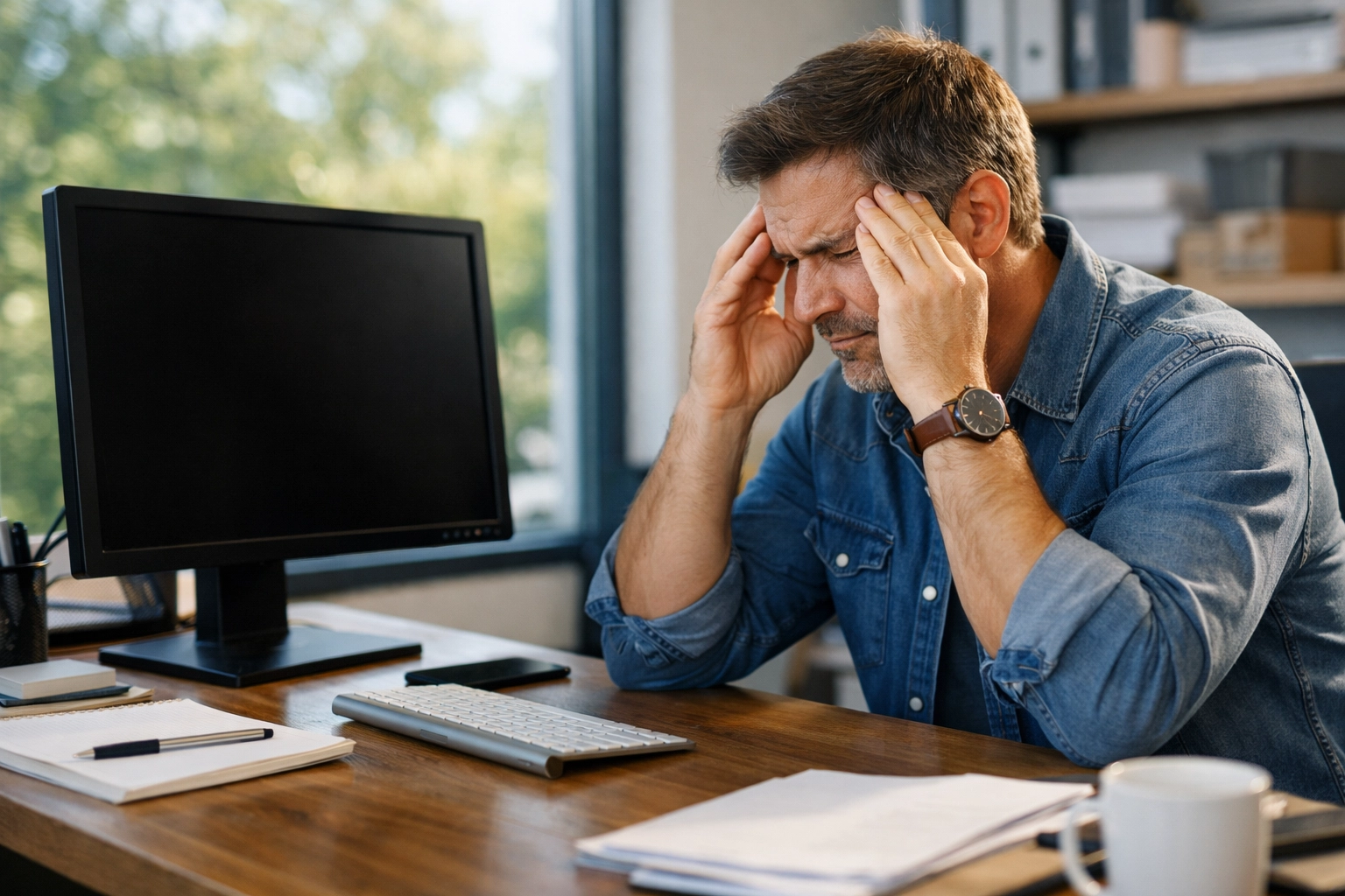 Frustrated Vacaville business owner experiencing computer downtime under a reactive break-fix IT model.