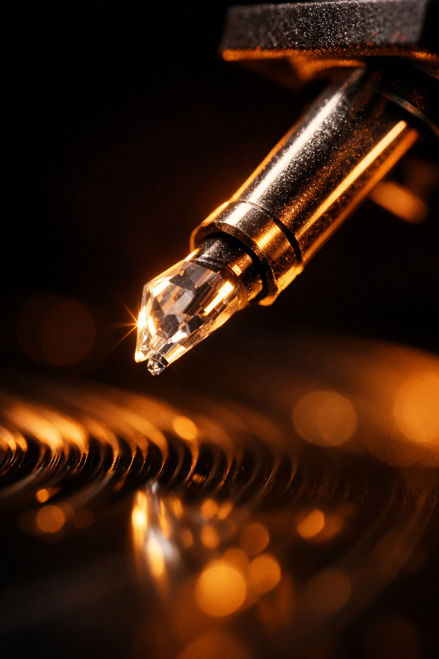 Close-up of turntable stylus needle showing diamond tip detail for vinyl record playback