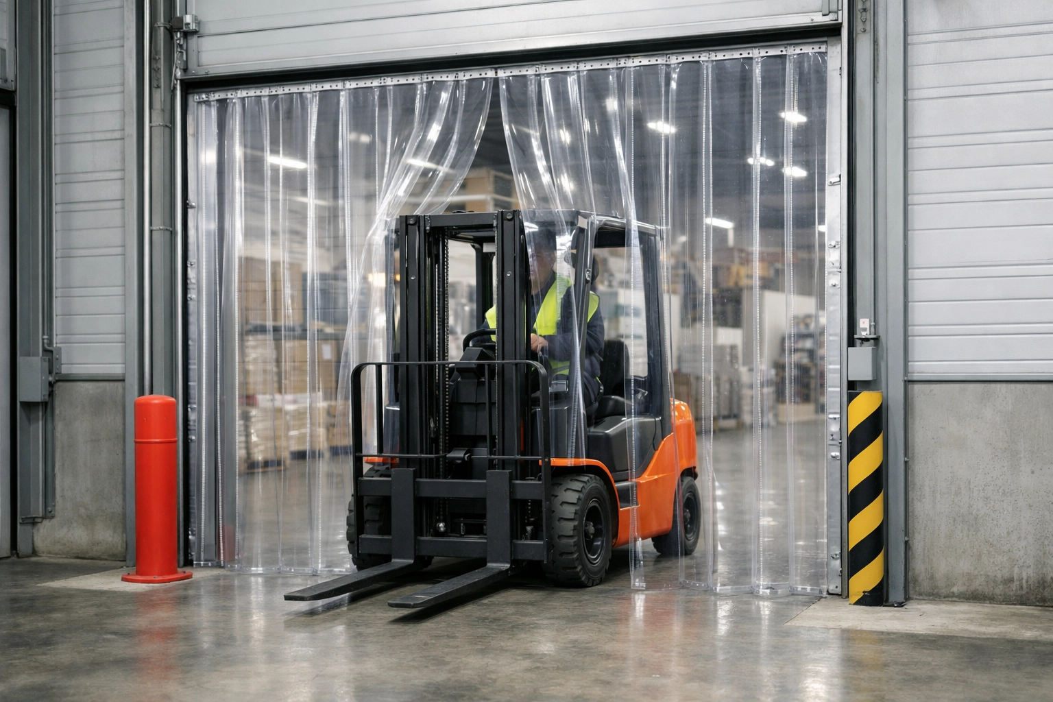 Forklift moving through clear industrial-grade PVC strip curtains in a warehouse doorway.