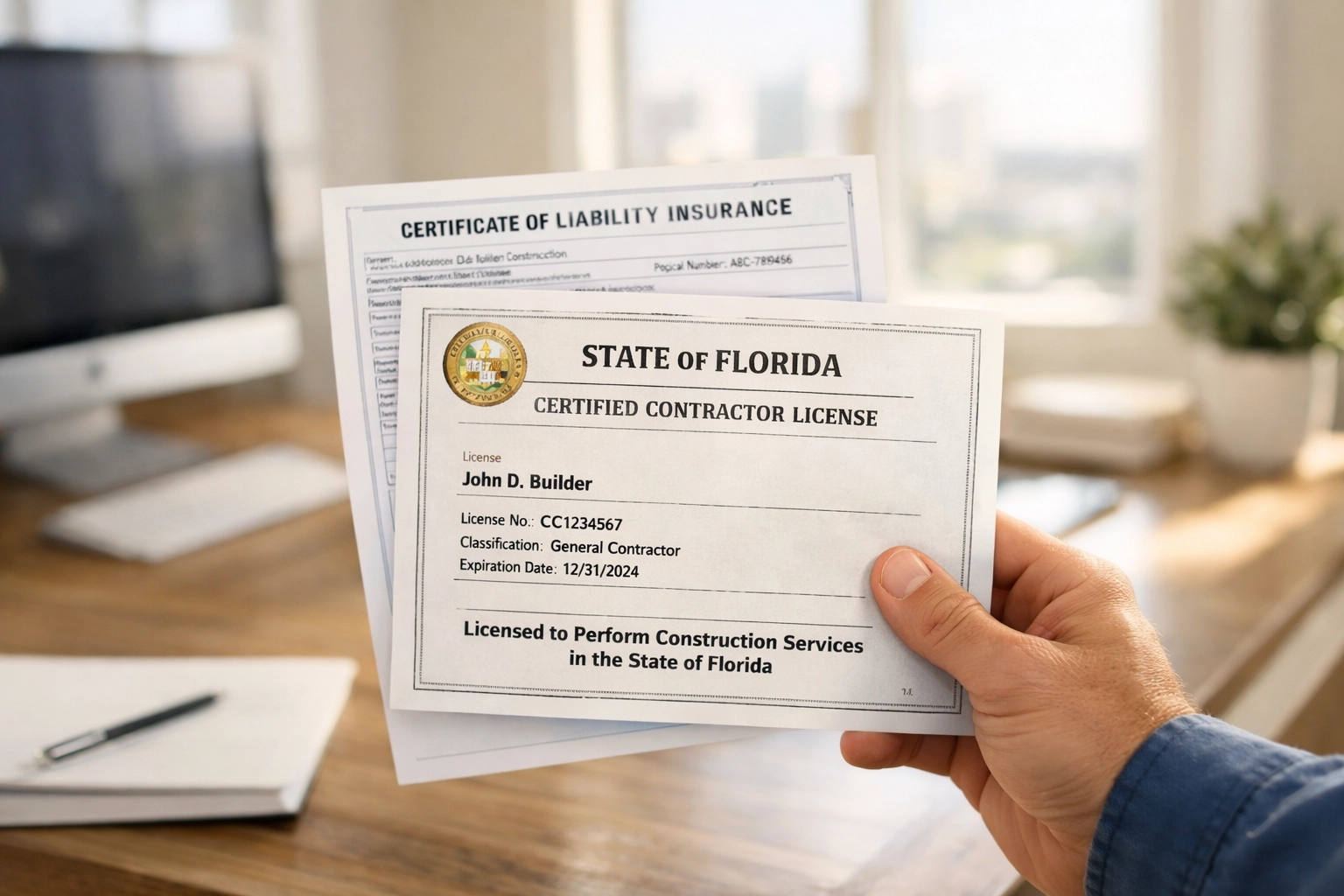 Contractor license and insurance verification documents for Orlando remodeling projects