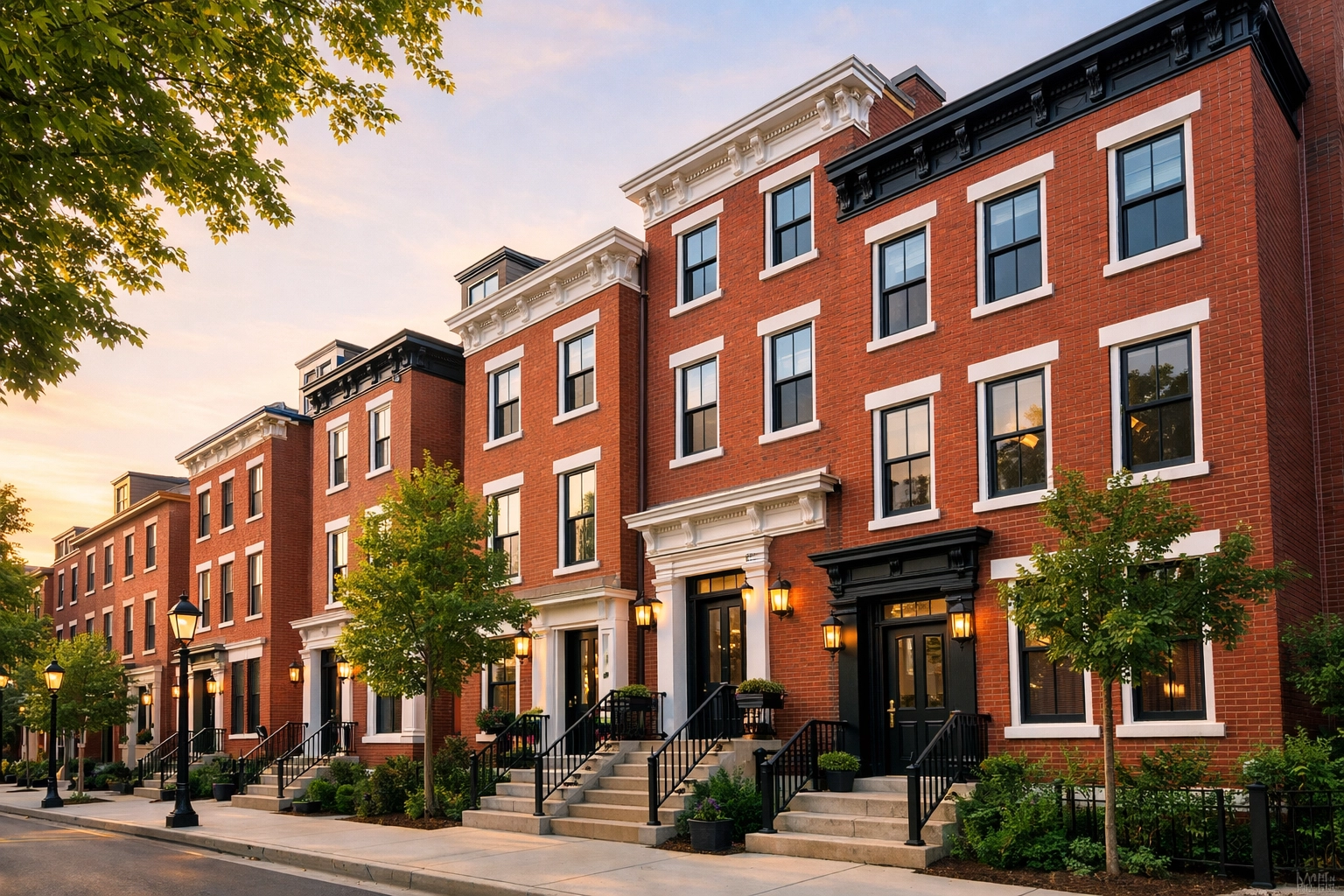 Renovated historic brick townhomes in an urban neighborhood, highlighting rental property potential.