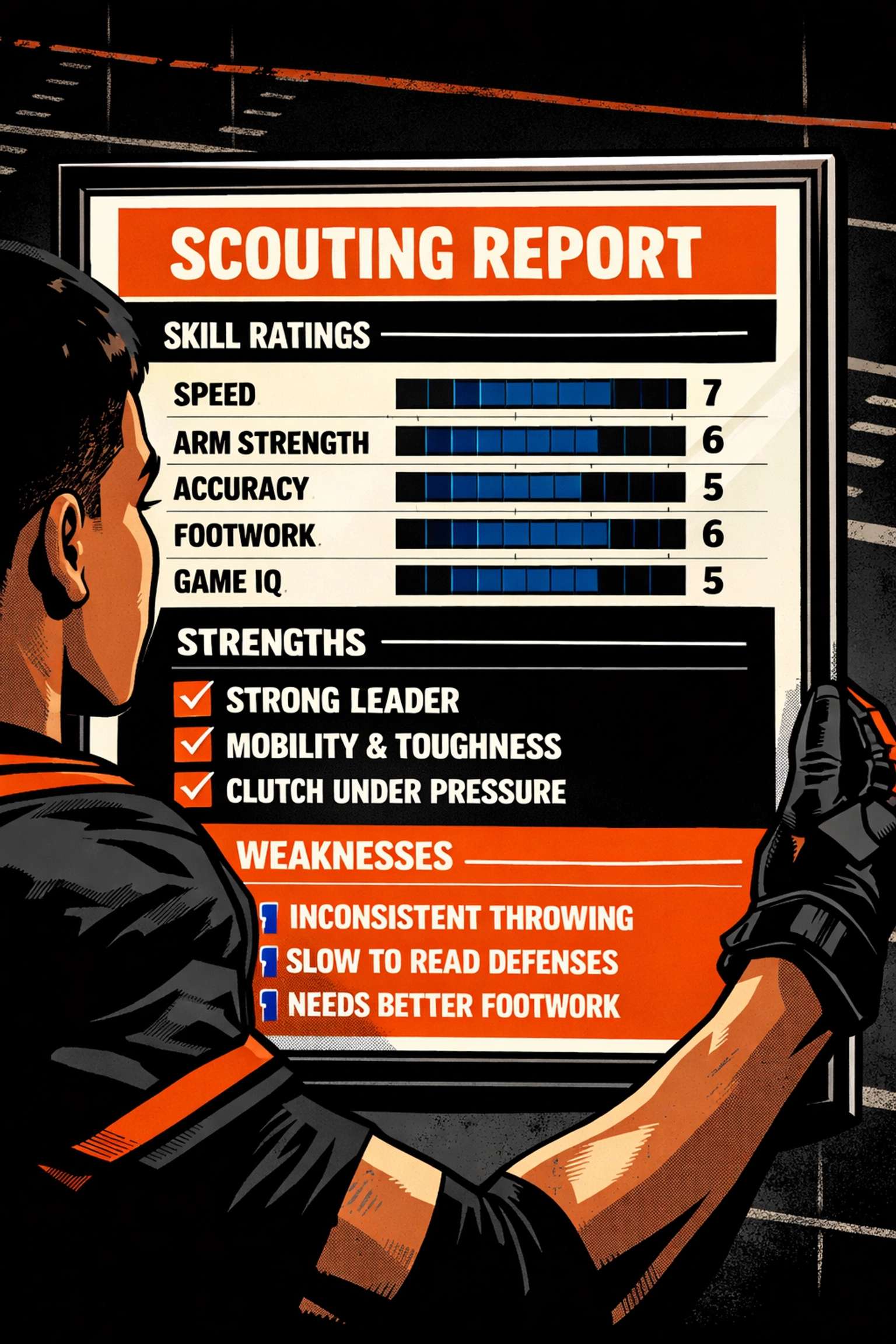Football player conducting honest self-evaluation with scouting report for college recruitment