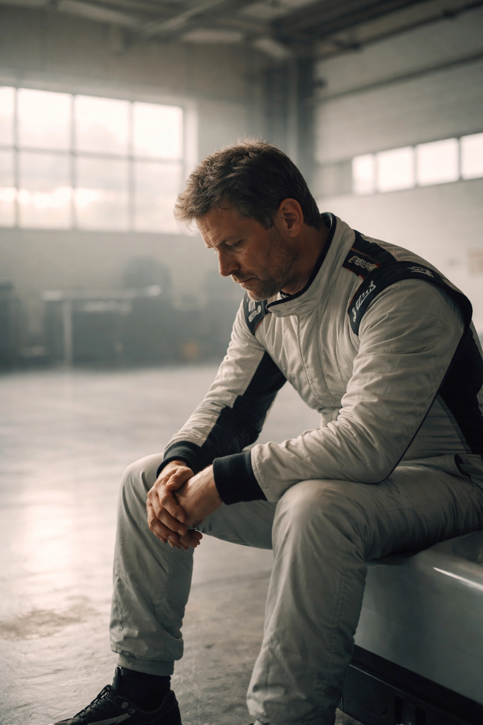 Racing driver reflecting alone in pit garage, exploring themes of ambition and identity