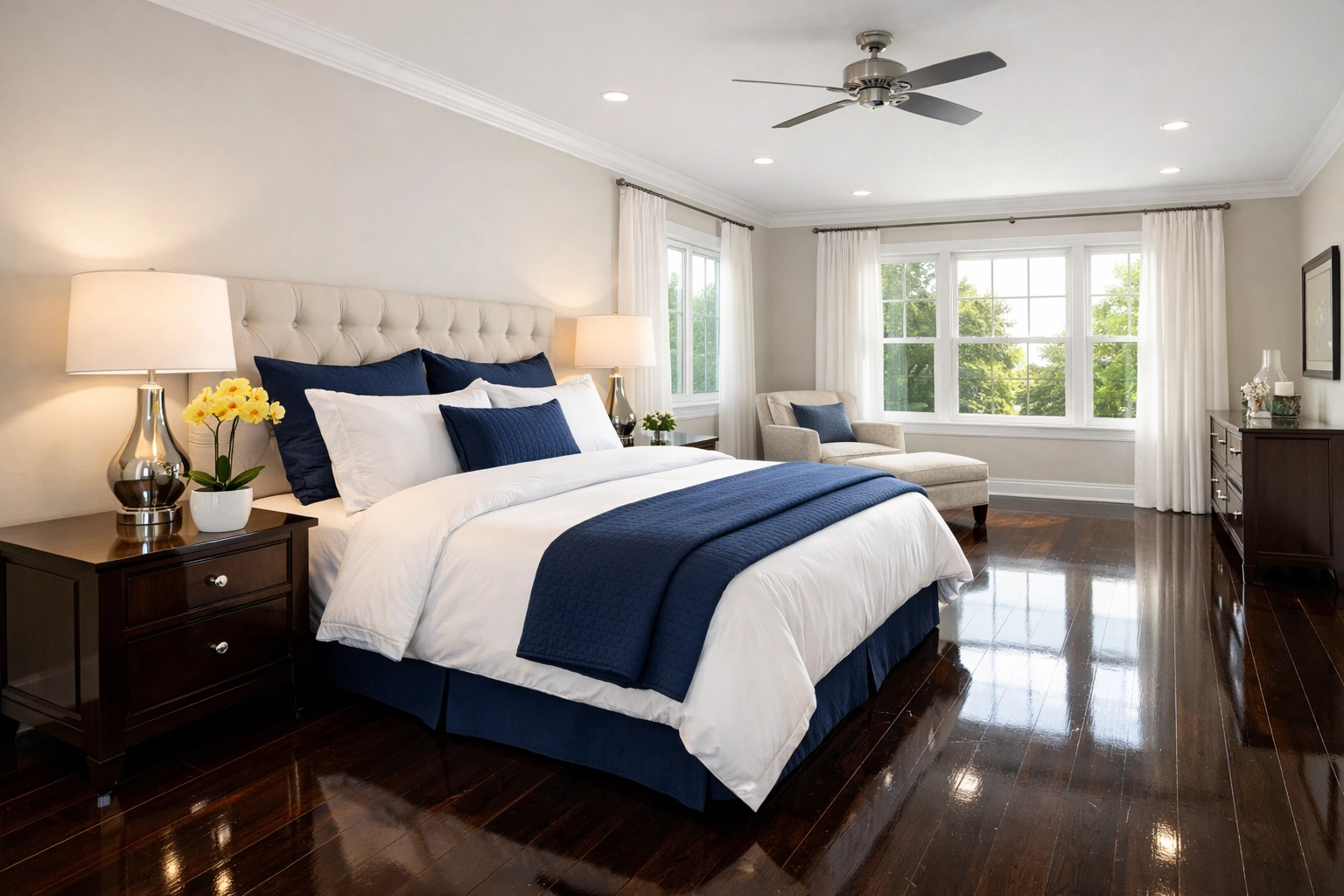 A perfectly tidy master bedroom with shining hardwood floors from cleaning services near me.
