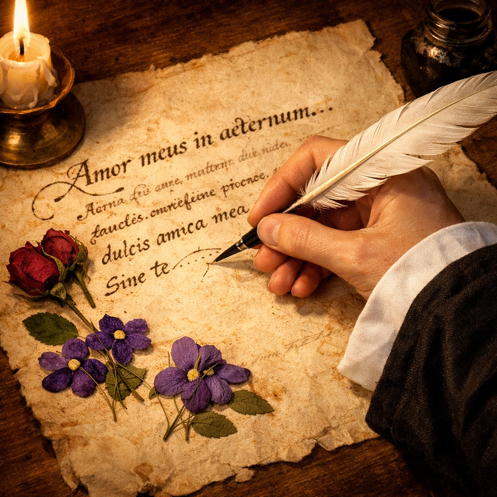 Medieval nun writing secret love letter by candlelight with pressed flowers on parchment