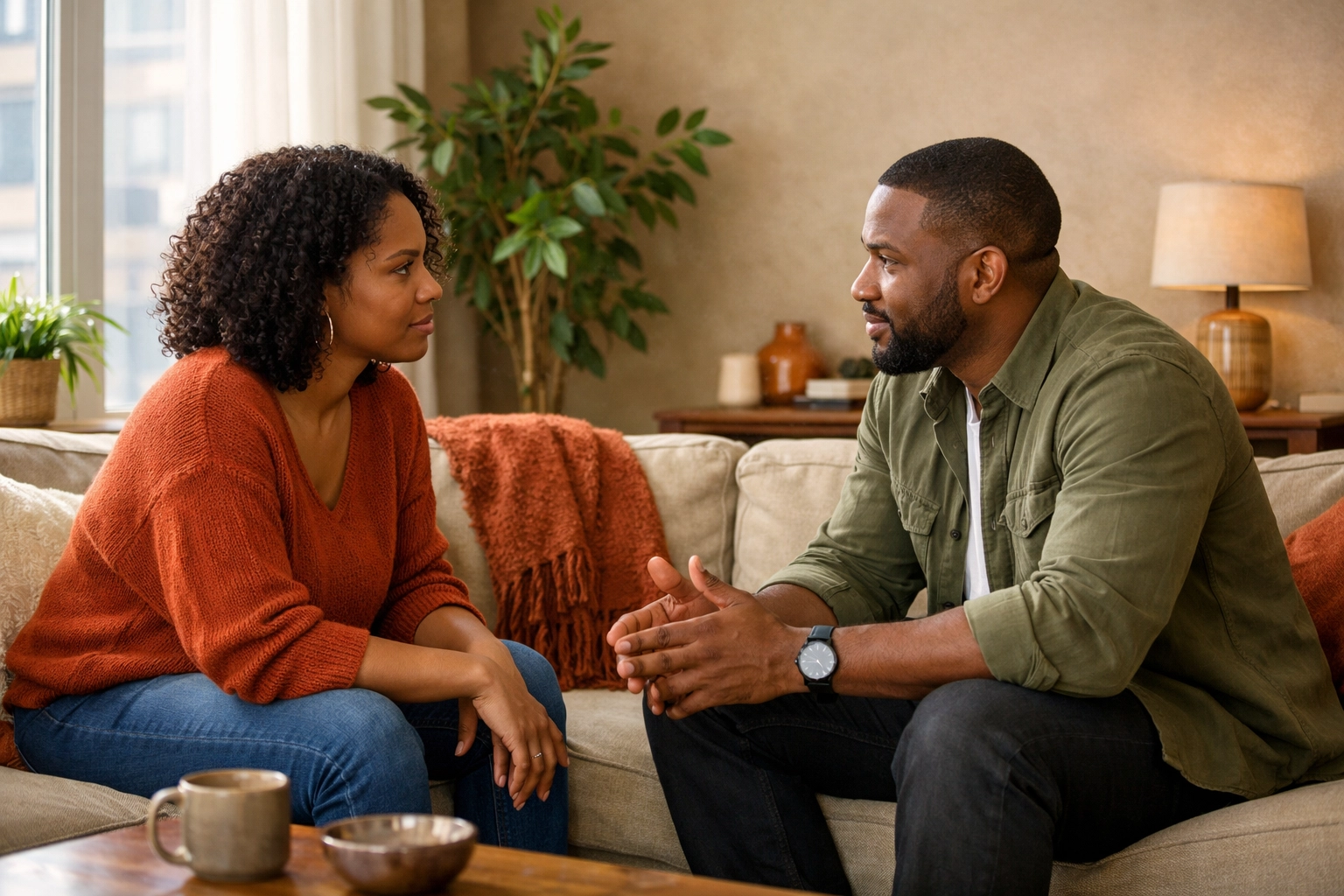 Black couple engaged in open conversation building emotional security at home