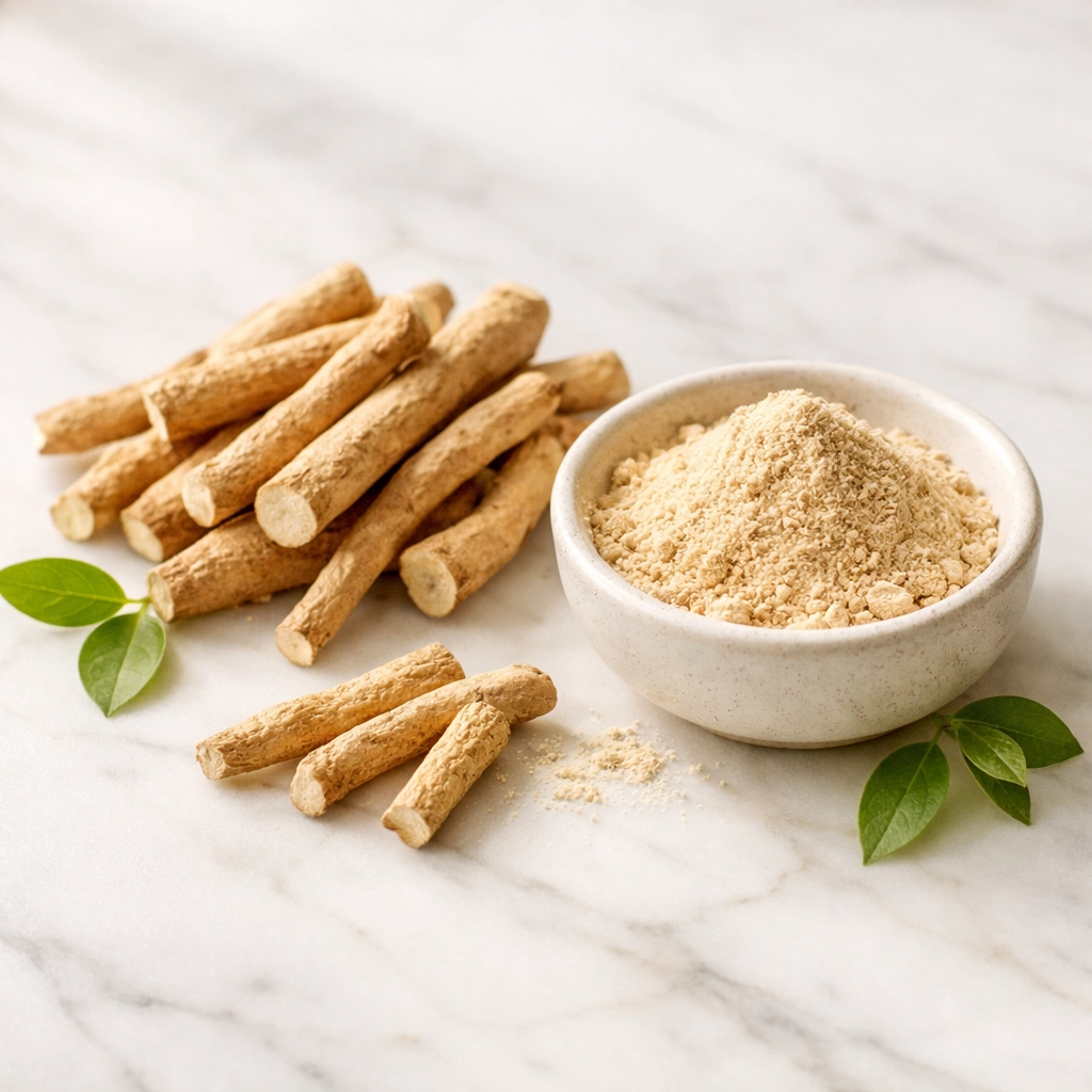 Ashwagandha root and powder herbal supplement for pre-workout focus without jitters