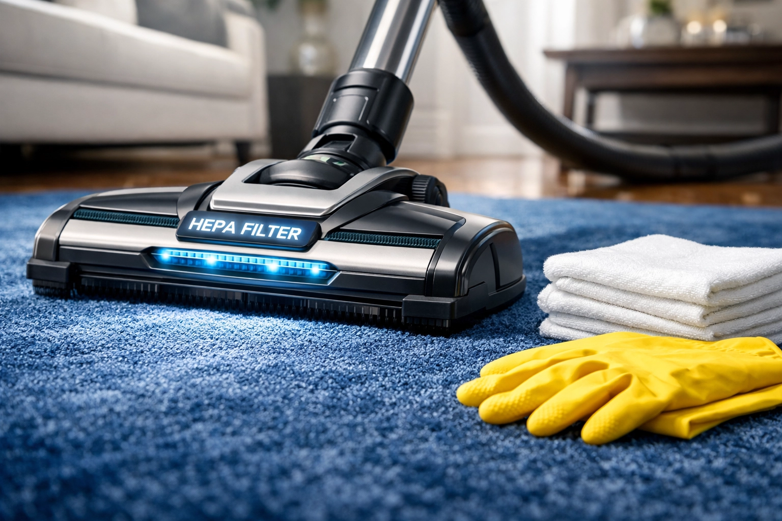 HEPA-filter vacuum cleaning a luxury rug, part of the standard for professional house cleaning services MA.