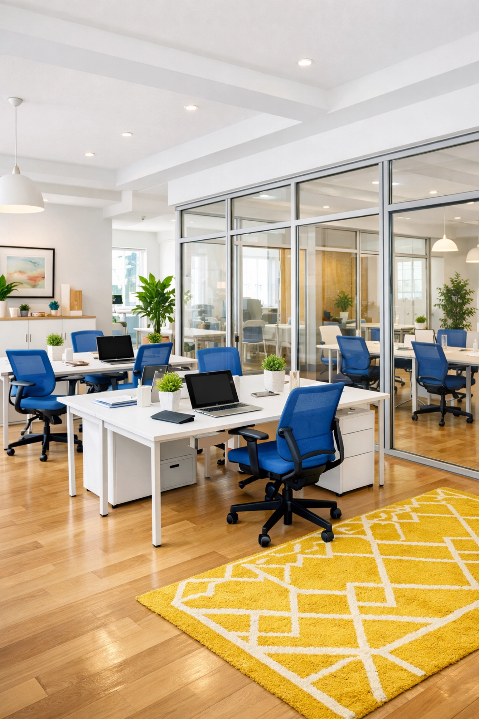 Clean open-plan boutique office with white desks and blue chairs highlighting a healthy workspace layout.