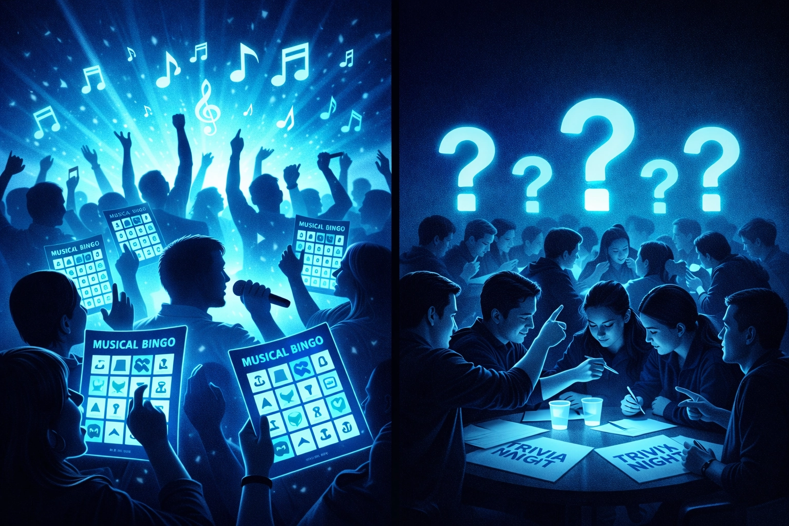 Musical bingo versus trivia night comparison showing different event entertainment atmospheres