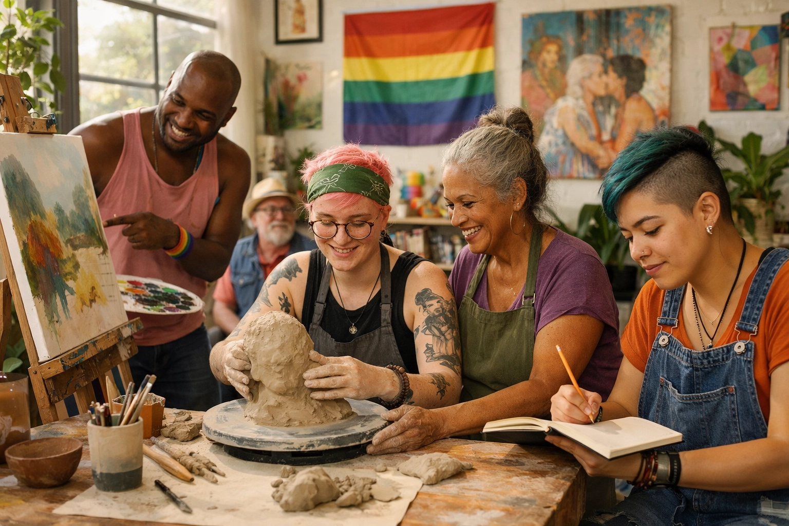 Diverse LGBTQ+ artists collaborating in studio creating paintings and sculptures together