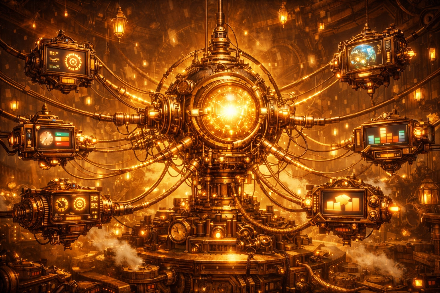 Central brass hub with copper cables representing Zapier automation services connecting different software tools.