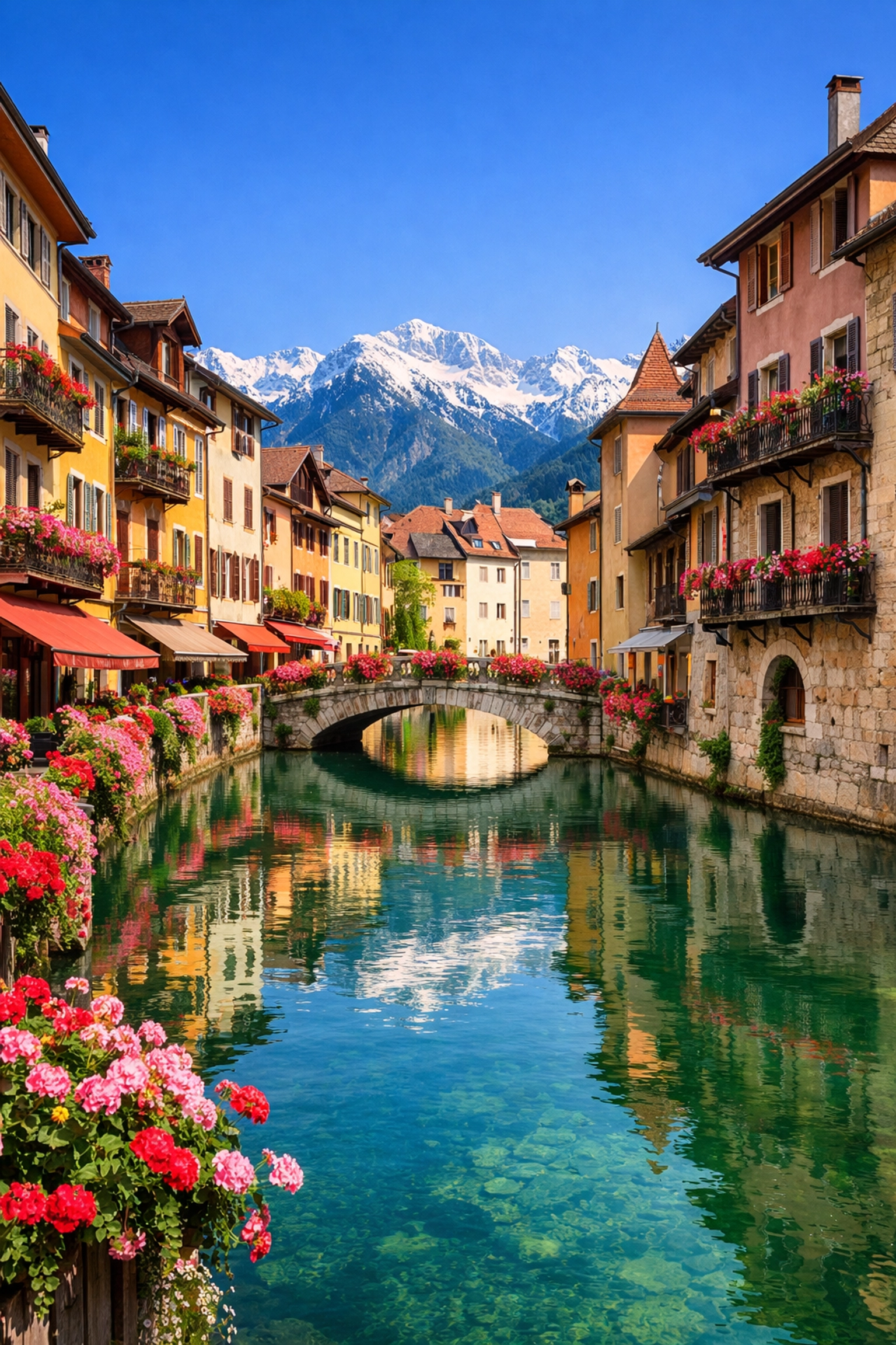 Picturesque canals and flower-lined medieval buildings in Annecy, the Alpine Venice of France.