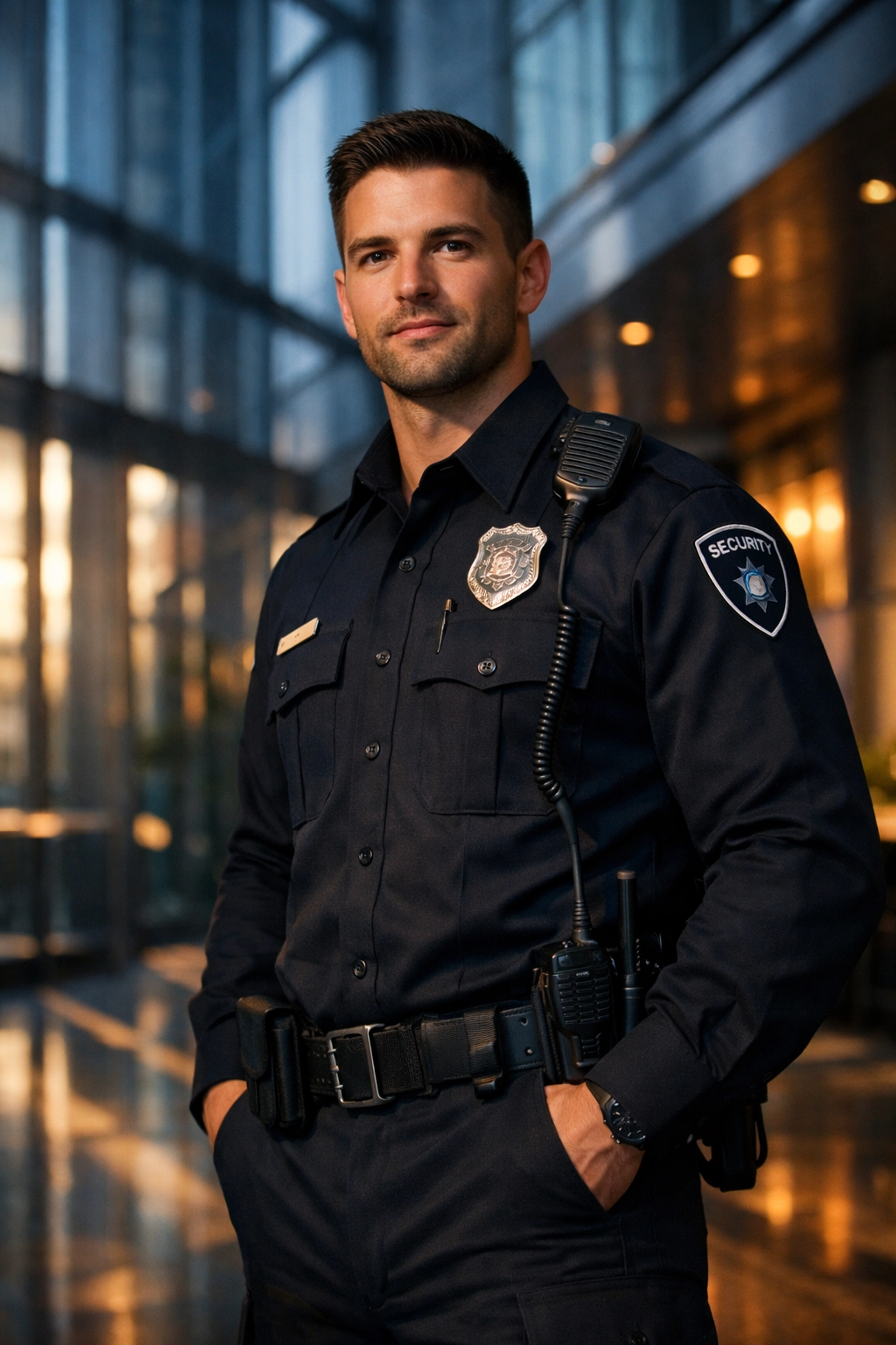 Male security guard in crisp uniform standing at attention in modern glass lobby